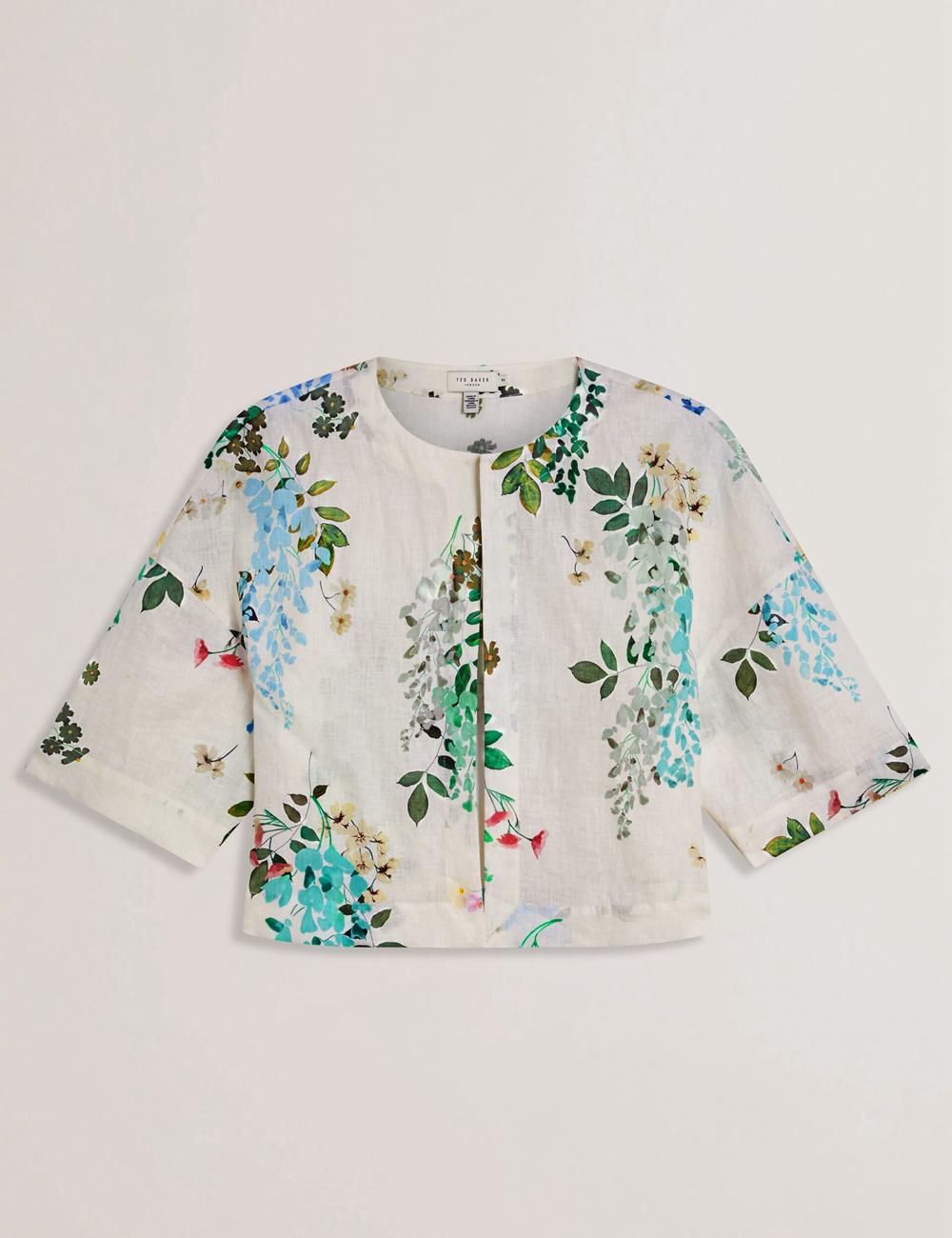 White Ted Baker KALNA - Printed Linen Short Sleeve Cropped Shirt Women Tops | Ireland  7196-IWAUV