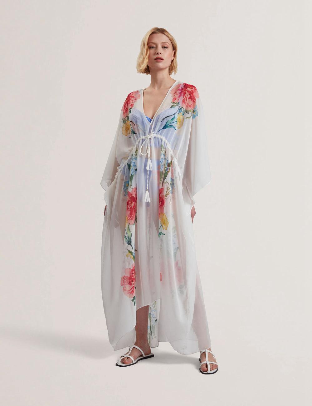 White Ted Baker LUUSAA - Floral V-Neck Maxi Kaftan Beach Dress Women Cover Ups | Ireland  3546-GSBIQ