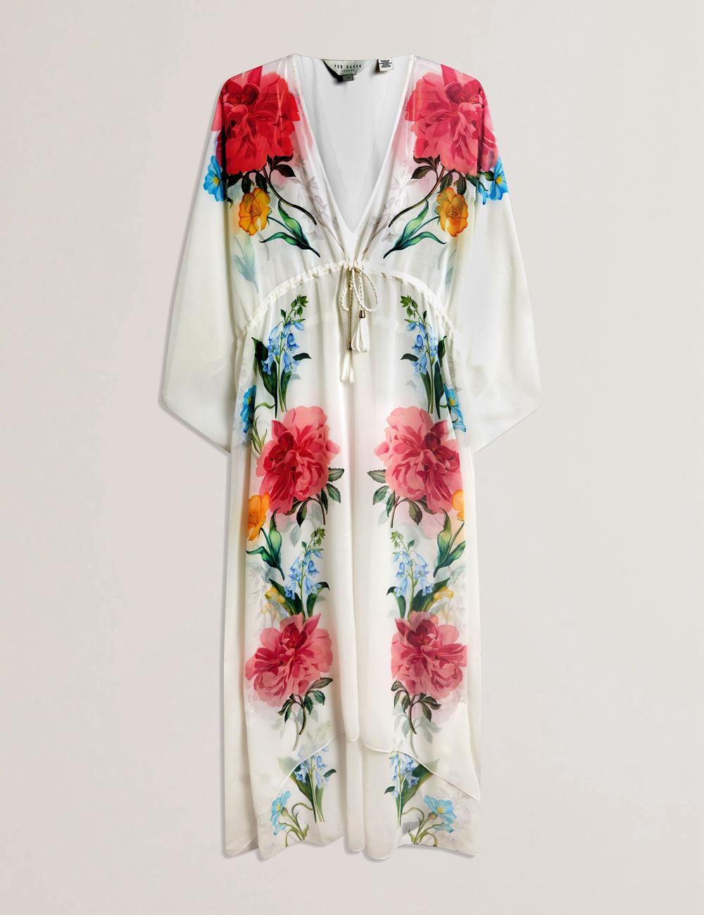 White Ted Baker LUUSAA - Floral V-Neck Maxi Kaftan Beach Dress Women Cover Ups | Ireland  3546-GSBIQ