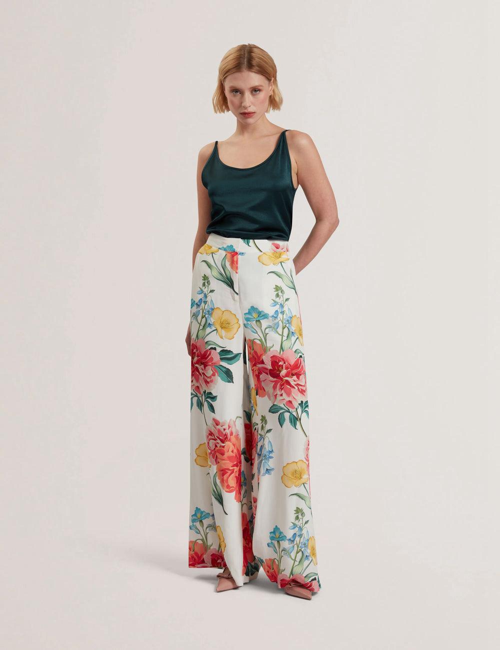 White Ted Baker NYMPHAT - Floral Print High Waisted Wide Leg Women Trousers | Ireland  7109-FRCSH