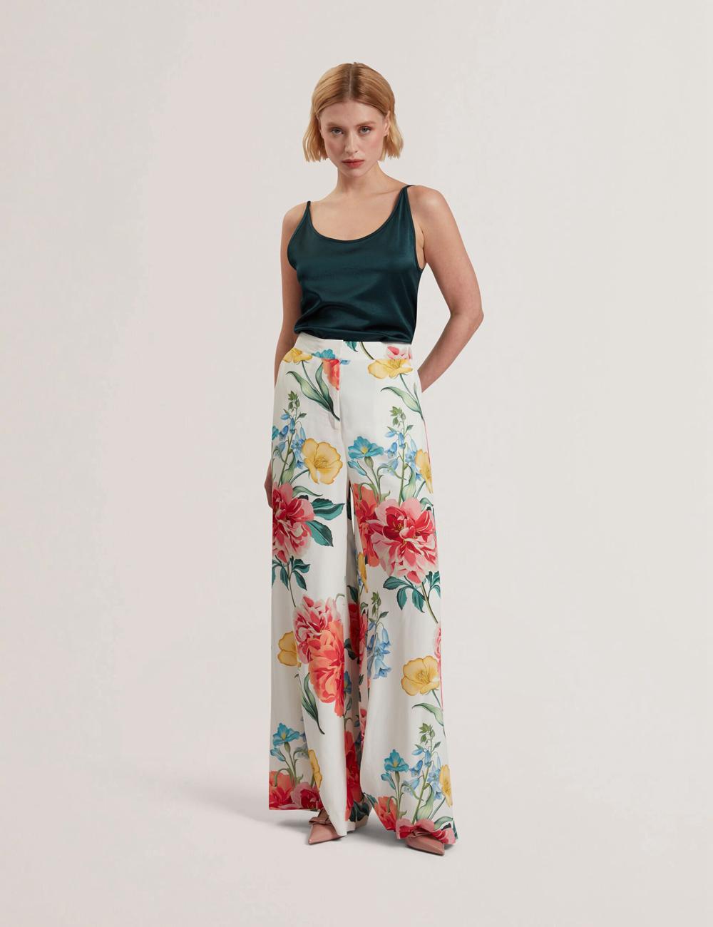 White Ted Baker NYMPHAT - Floral Print High Waisted Wide Leg Women Trousers | Ireland  7109-FRCSH