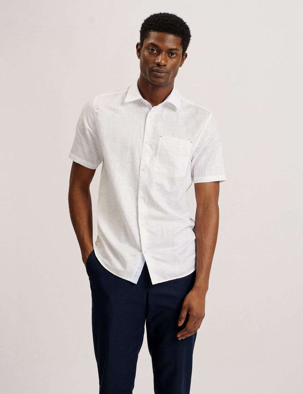 White Ted Baker PALOMAS - Short Sleeve Textured Linen Cotton Men Casual Shirts | Ireland  6758-APRED