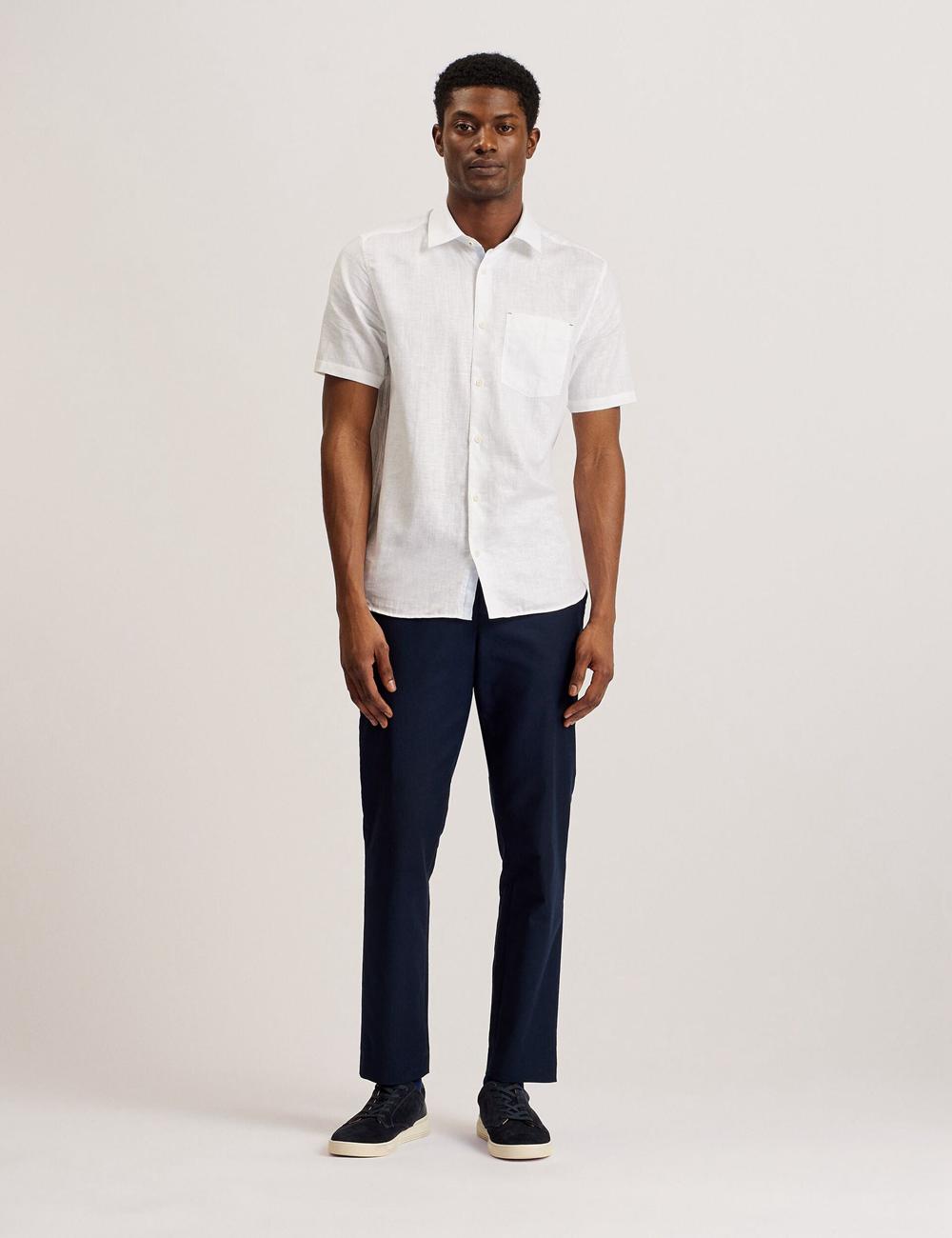 White Ted Baker PALOMAS - Short Sleeve Textured Linen Cotton Men Casual Shirts | Ireland  6758-APRED