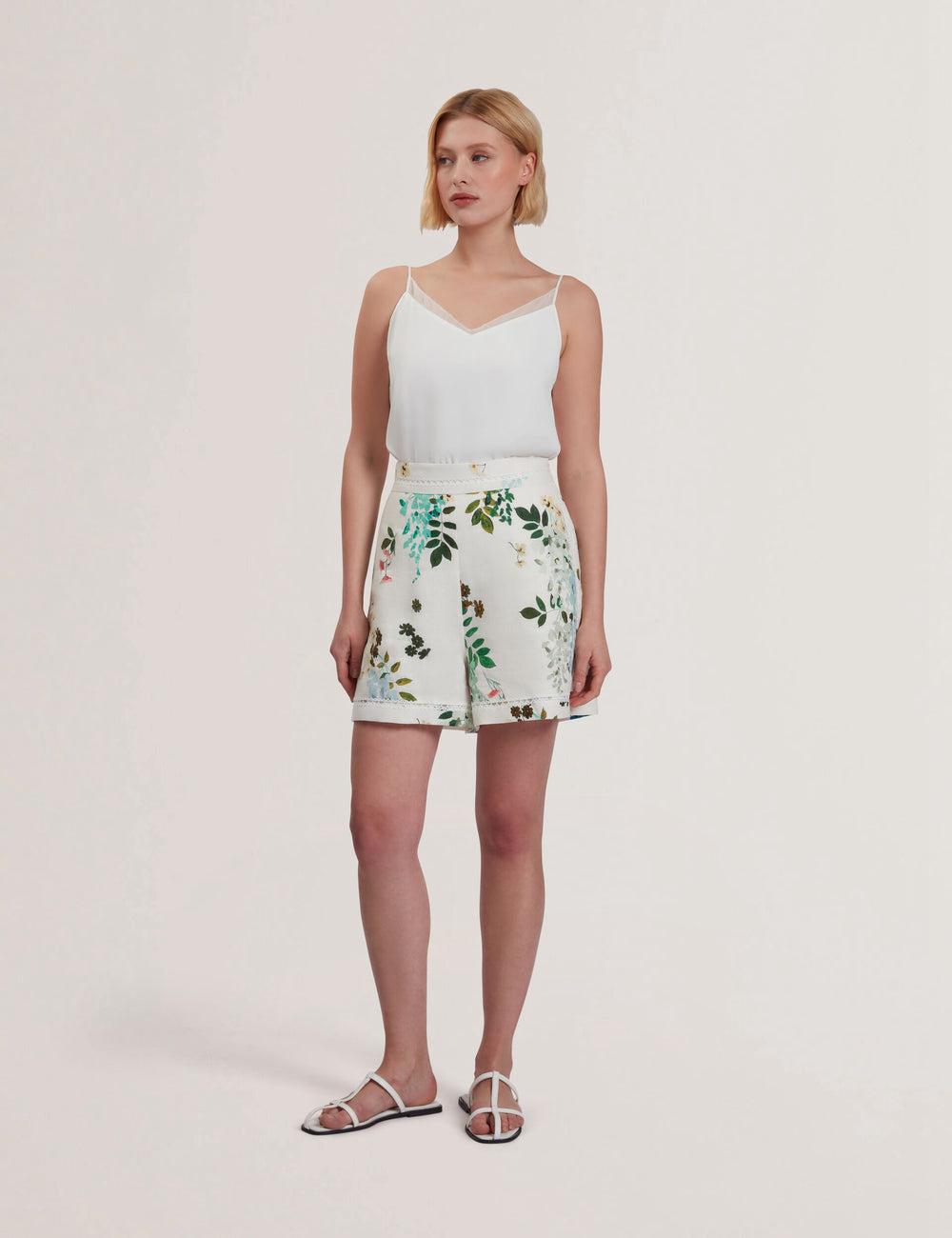 White Ted Baker VYLLA - Floral High Waist Linen With Trim Detail Women Shorts | Ireland  1729-QYFWZ