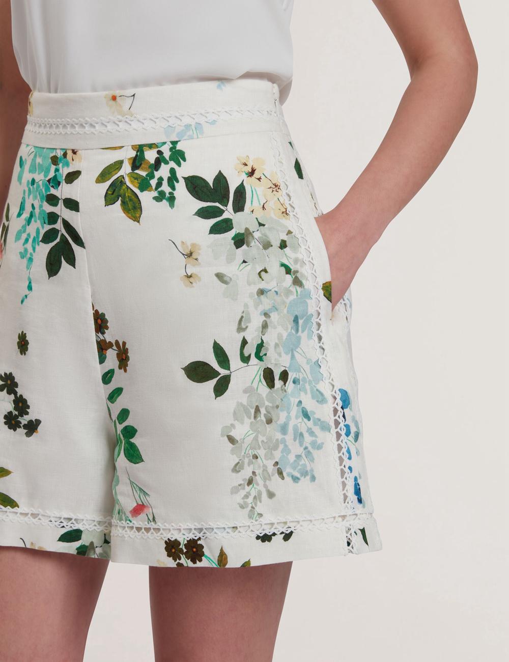 White Ted Baker VYLLA - Floral High Waist Linen With Trim Detail Women Shorts | Ireland  1729-QYFWZ
