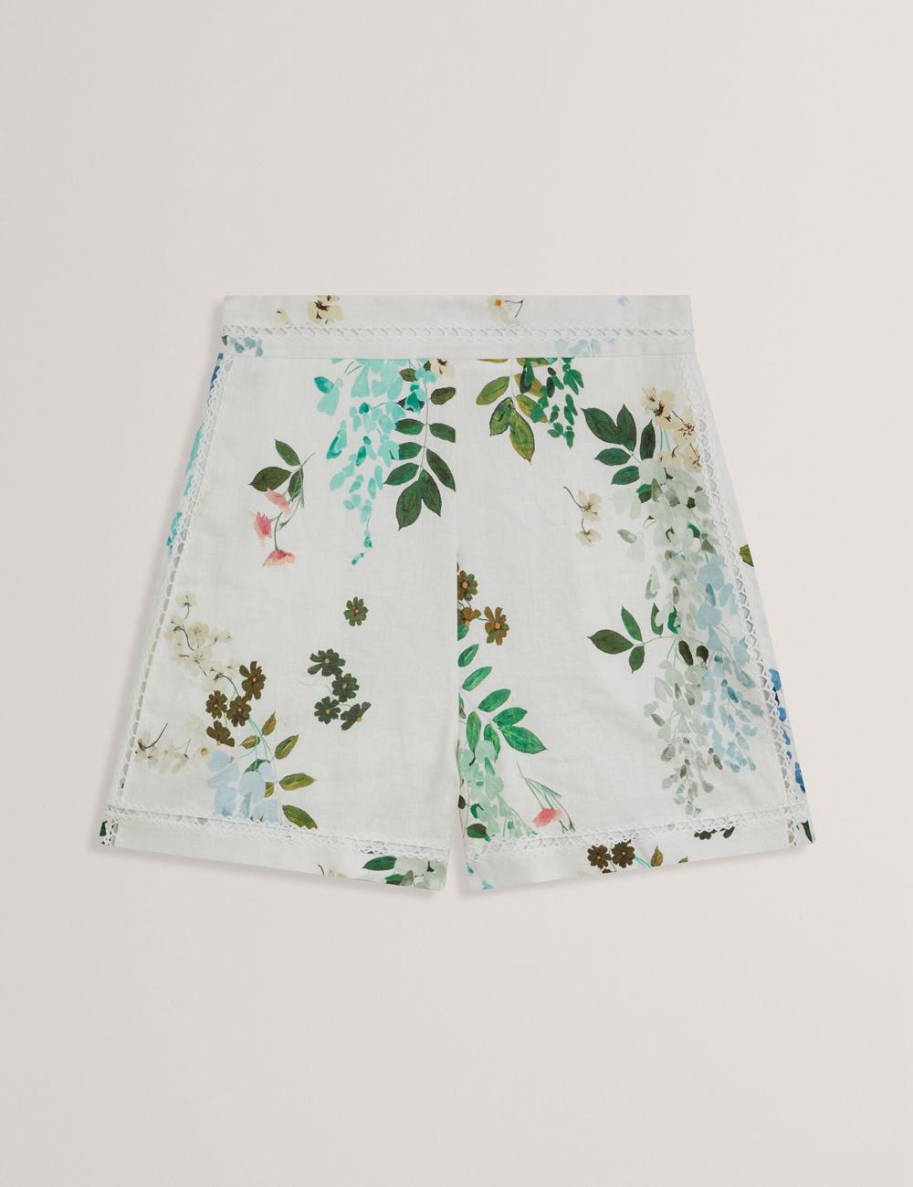 White Ted Baker VYLLA - Floral High Waist Linen With Trim Detail Women Shorts | Ireland  1729-QYFWZ